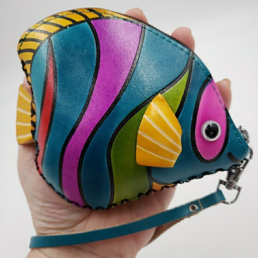 Tropical Fish Wristlet Coin Purse Handmade Leather Zipper Pouch Cruise Accessory - Picture 3 of 15